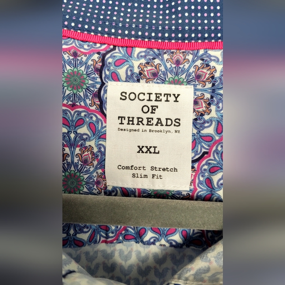 Society Of Threads Shirt Men – 2XL Blue Roosters Print Slim Fit Comfort Stretch - Picture 6 of 11